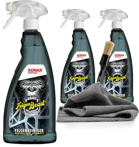 detailmate Felgen Reiniger Set - 3X SONAX FelgenBeast Felgenreinger 1L + Allrounder Mikrofasertuch 40x40cm, 380 GSM + Nuke Guys Reinigungspinsel