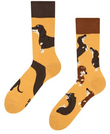 Dedoles Socken Unisex Damen Herren & Kinder Baumwolle viele lustige Designs 1 Paar Geschenk links rechts verschieden, Farbe Gelb, Motiv Dackel, Gr. 39-42