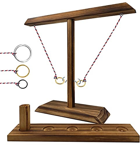 [Large] Ring Games Hook and Ring for Kids Adults, Handheld Board Games with Shot Ladder Bundle, Outdoor Indoor Handmade Wooden Fast-paced Interactive for Bars Home (Brown, 40cm/Large)friend gift
