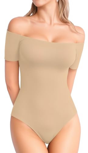MANGOPOP Off The Shoulder Short Sleeve Bodysuit for Women, Mocha, Medium