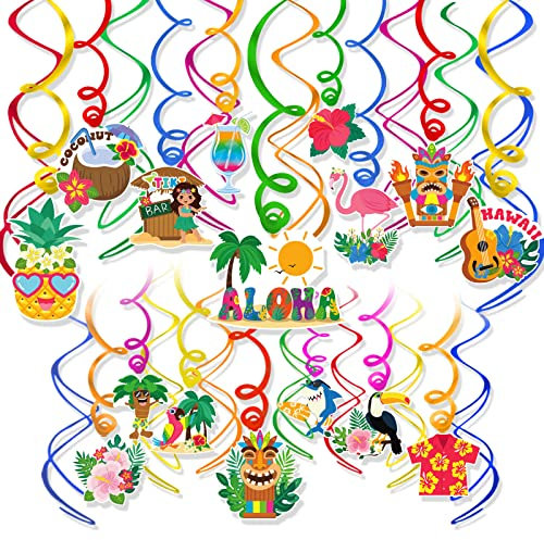 HOWAF Hawaii Party Dekoration, 30 Hawaii Hängende Wirbel Dekaration Hawaiian Hibiskus Flamingo Hängedeko Deckenhänger Spiral Girlande für Hawaii Hängedekoration Tropische Sommer Tiki Geburtstag Deko