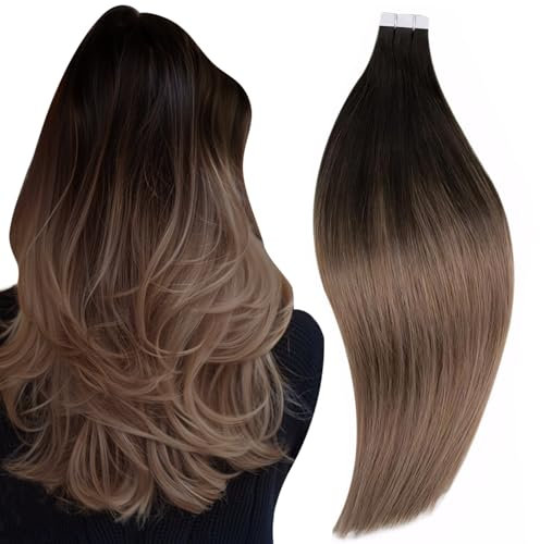 RUNATURE Tape in Extensions Echthaar Braun Blond Balayage 50cm Unsichtbare Tape in Extensions Echthaar Ombre Braun Blond Echthaar Extensions Tape Gerade Haarverlängerung 20 Stück 50g #2/6/18
