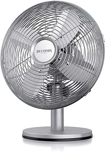 Brandson – Ventilatore da Tavolo Silverline retró - 29cm Diametro con 3 Livelli di velocità - Oscillazione di 80 ° - Inclinazione Regolabile di Circa 40 ° - 30W – Silverline