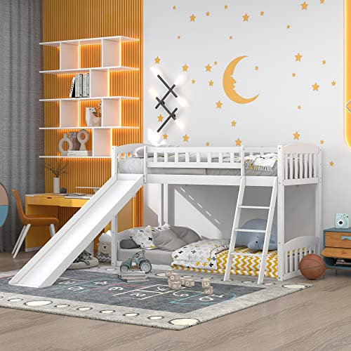 KecDuey Etagenbett mit Rutsche,Niedriger Kinderbett Etagenbettrahmen Massives Kiefernbett Mit Lattenrost 90 x 200 cm