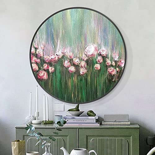 Peinture À Lhuile sur Toile Peinte À La Main,Extra Large Wall Art Oriental Rose Fleur Peinture Vert Peint À La Main Peintures À l'huile Rondes Original sans Cadre Texturé Oeuvre Décoratio