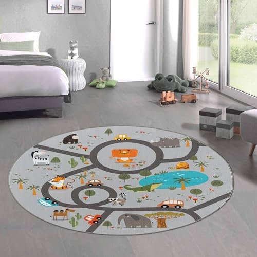 CARPETIA Kinderteppich Teppich Kinderzimmer Spielteppich rutschfest waschbar pflegeleicht Safari Straße grau 160 cm rund