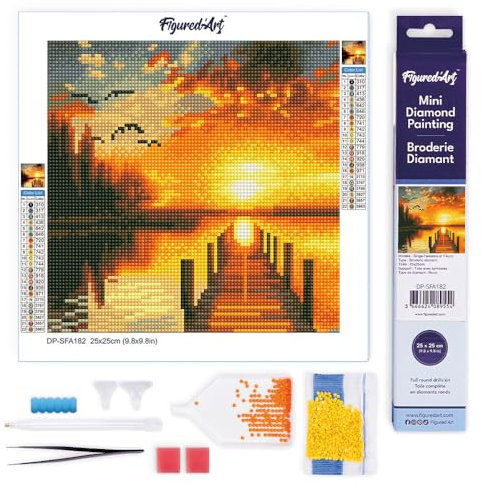 Figured'Art Mini Diamond Painting Erwachsene 25x25cm Ganze Leinwand gerollt Goldener Seesonnenuntergang 5D Bilder Runde Steine - DIY Set Basteln