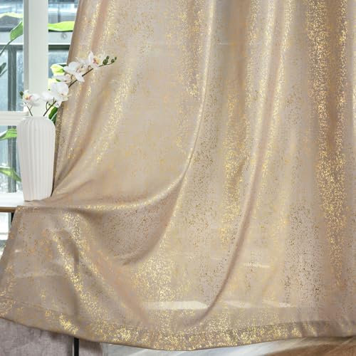 TERLYTEX Goldfarbene Vorhänge, 244 cm, metallisch, glitzernd, schimmernd, für Wohnzimmer, mit Ösen, Privatsphäre, Glitzer, halbschimmernd, 132 x 244 cm, Gold-Taupe