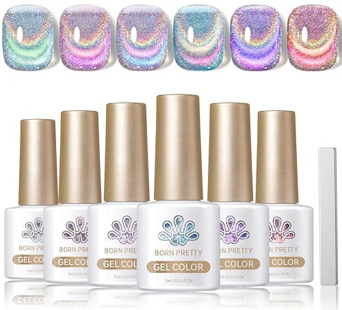 BORN PRETTY Magnetic Gel Nail Polish Set 6 Colors Rainbow Iridescent Gel Polish Cat Magnet Eye Sparkle Nail Polish Varnish U V/LED Nail Art Nail Salon Manicure