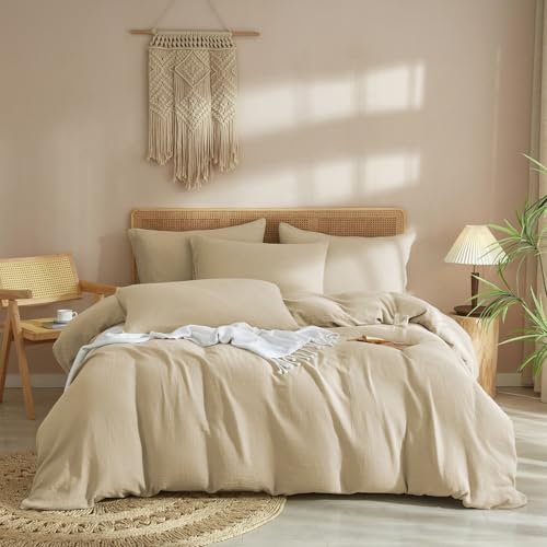 Luofanfei Baumwolle Muslin Bettwäsche 155x220 Taupe Khaki Renforce Uni Sommer Kühlende Boho Bettwäsche Set Weiche Bettbezug Knitterlook Bügelfrei mit Reißverschluss und Kissenbezüge 80x80cm