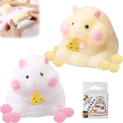 Lot de 2 jouets à presser pour hamster - Avec fromage - Convient pour les enfants et les adultes - Pour soulager le stress - Avec autocollants - 1 boîte