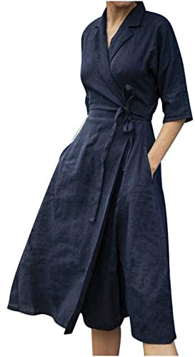 Generisch Kleid Damen Midi Kleid Leinenkleid Elegante Kleid Business Kleid Halbarm Kleid mit Taschen V-Ausschnitt Kleid Gürtel Kleid Einfarbige Kleid Outlet Angebote Marine XL