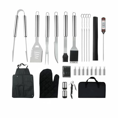 HOUSSE CO.® 40-Teiliges Extra langem Griff Robustes Grillbesteck-Set für Männer, mit wasserdichter Tasche, Thermometer, Spritze, Fleischkrallen, Schürze und Besteckset für Camping, Geburtstagsgeschenk