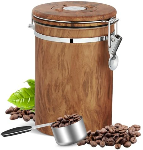 Kaffeedose Luftdicht, 1,8L Kaffeebohnen Behälter, Kaffeedosen Edelstahl mit Dosierlöffel, Holzmaserung Vakuum Kaffee Dose mit Datumsverfolgung, Multifunktionales Vorratsdose für Tee Nüsse Kakao