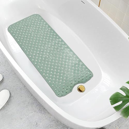Non Slip Bath Mat and Shower Mat for Bathroom Extra Long Bathtub Mat with Strong Suckers and Drain Holes Machine Washable Mat - Green - 40 x 100 cm