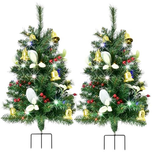 Set of 2 Christmas Tree - Christmas Decorations Outdoor, Prelit Xmas Tree w/ 80 LED Multi-color, for Outside Holiday Display Yard Front Porch Pathway Grave Cemetery Decor
