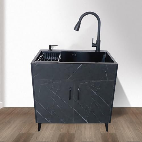 Fregadero de Cocina Comercial,Mueble Bajo Fregadero,Lavabo Grande Armario Inferior con 2 Puertas,con Grifo Patas Escurridor,con Dispensador de Jabón,para Restaurante,LavanderíA.(Gray,50x40x78cm)