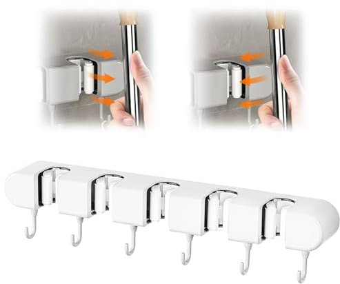 GmwyCzV Colgador de Pared para Escobas y Fregonas, 5 Soportes y 6 Ganchos Negros, Colgador de Pared Adhesivo Sin Perforar, Ganchos para Colgar Escobas de Silicona, para Cocina, Baño, Garaje (Blanco)