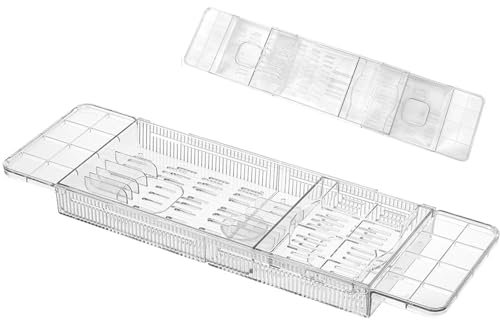 Badewannentablett für Badewanne – transparenter Badewannentablett-Caddy, Badewannentablett mit Buchhalter | Entzückendes Badewannenregal über der Badewanne, verstellbares Badewannentablett, Badewannen