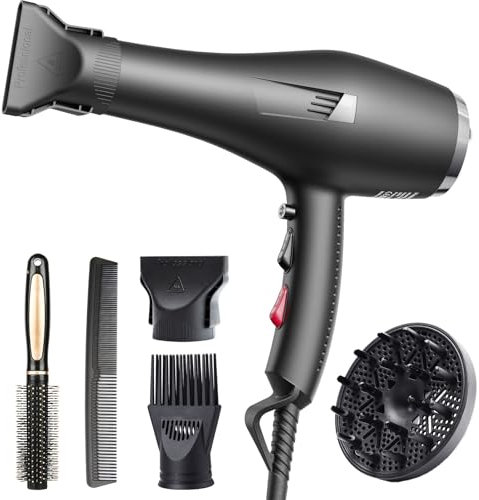 HappyGoo Secador Pelo Profesional Iónico Secadores de Pelo 3 Temperaturas 2 Velocidades, Botón Aire Frío, 2 Concentradores y 1 Difusor, Hair Dryer Rápido Secado Cabello