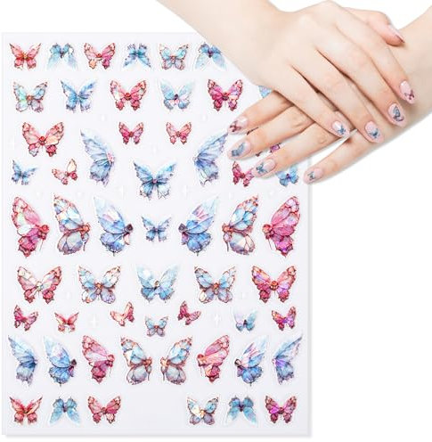 Butterfly Nail Sticker, 5D Embossed Butterfly Nail Decals Pretty Butterfly Nail Designs Adhesive Manicure Decorations Accessories for Women Girls DIY Nail Supplies (Pink, Blue)