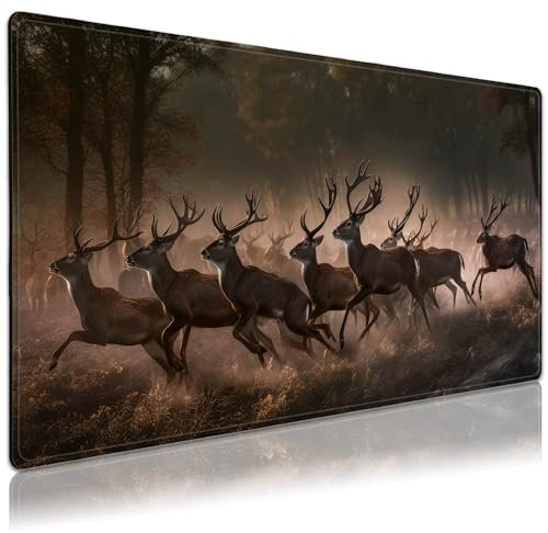 Schreibtischunterlage, groß, eine Herde von Hirschen, laufen und springen, Gaming-Mauspad, rutschfeste Gummiunterseite, genähter Rand für Arbeit, Spiel, Büro, Zuhause, 90,9 x 40,9 cm