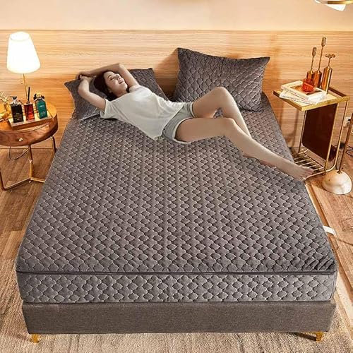 HLTQL Coprimaterasso con Cerniera Velluto Spesso Fodera Materasso Matrimoniale/Singolo Copri Proteggi Materasso Topper Trapuntato A Sei Lati Lavabile Imbottito Lenzuolo(A2,2 Pillowcases)