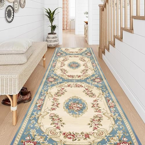 Läufer Flur Hellblauer Luxuriöser Orientteppich, Strapazierfähiger Wohnzimmer-Läufer, Leicht zu Reinigen, Rechteckige Bodenmatte im Vintage-Stil, für den Türrahmen im Innenbereich(100cmx400cm/3.3ftx13