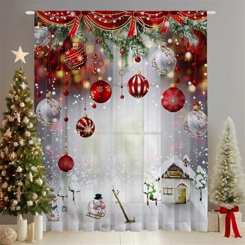 Odot Weihnachten Halbtransparente Vorhänge, 3D Drucken Voile Vorhang Stangentasche Gardinen Vorhang Ösenvorhang 2 Stück Fensterschal Vorhänge Fenster (W 132 x H 183cm,Frohes neues Jahr E)