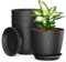 Plastic Plant Pots Indoor, 5 Pack 20cm/8 Inch Stripe Grooves Flower Pots with Drainage Holes and Tray, Modern Decorative Planter Pot for All House Plants（Black）