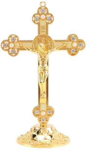 Kissmii Stehendes Kruzifix mit Sockel Legierung Kreuz für Haus Kapellen Dekoration und ReligiöSe Geschenke (Gold)