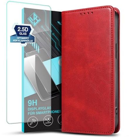 LBH Handyhülle Smartphone-Hülle für Apple iPhone XR mit Displayglas Klapphülle Magnetverschluss Kartenfächer Geldfach Standfunktion Case Etui Rundumschutz Schutzhülle Rot