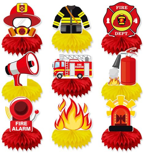 ZABARE 9 Stück Feuerwehr Party Deko Tischdeko Kindergeburtstage Feuerwehr Tischaufsätze Feuerwehrhelm Feuerwehrauto Bienenwabe Mittelstücke Dekoration für Mottoparty Geburtstagsparty Jungen