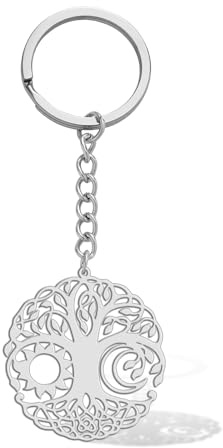 VASSAGO Portachiavi albero della vita per donne uomini albero con sole luna portachiavi in acciaio inossidabile Yggdrasil portachiavi per familiari