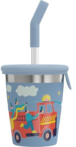 Sigg - Gobelet pour enfant en acier inoxydable avec couvercle en silicone et paille Tritan – Anti-éclaboussures – Sans BPA – Léger et robuste – Pompiers – 0,35 l