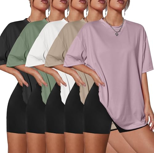 Kinglaman 5 Pack Womens Oversized T Shirts Crew Neck Loose Fit Short Sleeve Tshirts Summer Workout Plus Size Tee Tops 1 Black 1 White 1 Army Green 1 Khaki 1 Dark Pink X-Large