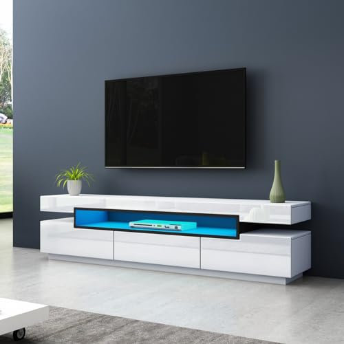 Meuble TV moderne à LED brillant avec 3 tiroirs et lumières LED 160 cm pour chambre à coucher et salon, meuble TV blanc avec étagère ouverte