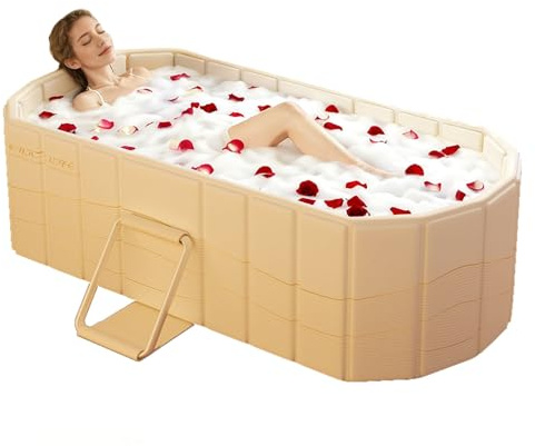 JSQBSECL Tragbare faltbare Badewanne, 119,9 cm große faltbare freistehende Badewanne für Erwachsene, heiße Badewanne, Eisbad, Familienbadezimmer, SPA-Wanne, Innen- und Außenbereich (Beige)