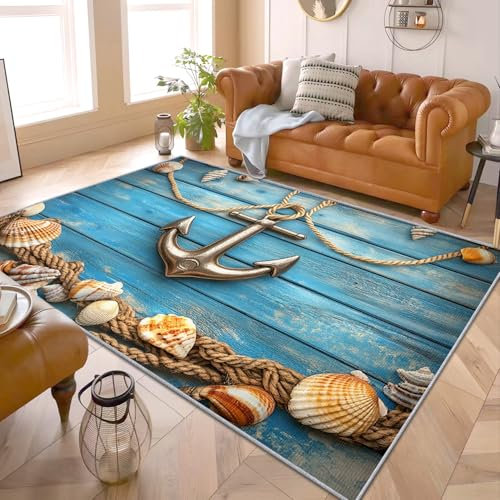 PaxGloz Nautische Deko - Teppich Wohnzimmer Schlafzimmer Ankermotiv, Kleiner Teppich Maritime, Weich Kurzflor & Waschbar & rutschfest Fussmatte Innen, Kinderteppich 50x80 cm