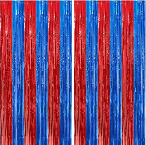 2 Pack Red and Blue Party Decorations 3.28 x 6.56 Ft Tinsel Foil Fringe Curtains, Photo Booth Prop Backdrop Streamer,Boys Spider Theme Birthday Party Decor