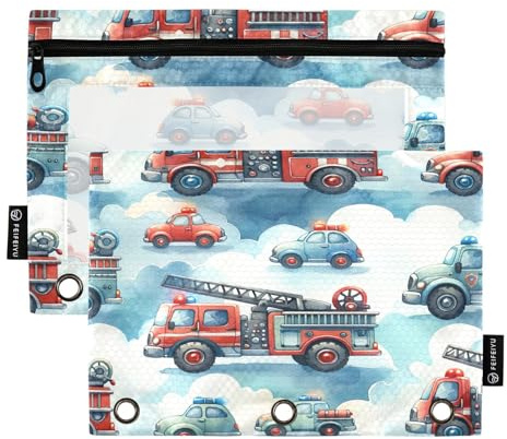 RPLIFE Federmäppchen für 3-Ring-Ordner, 2 Stück, weiches Federmäppchen für Ordner, Schulbedarf, 24,9 x 17,8 cm, niedliche Feuerwehr-Trucks