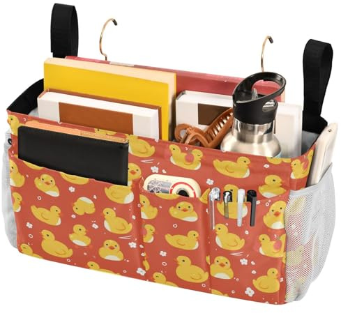 FRODOTGV Children Cute Yellow Rubber Ducks Bedside Caddies Organizer Bags with Fixed Straps and Water Bottle Holder for Bunk Bed Accessories, Dorm Storage