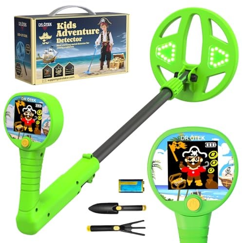 DR.ÖTEK Metalldetektor Kinder, Farb-LCD & 6 Leuchtspule, Leicht & Einstellbar, Rutschfester Griff, Kinder Metalldetektor Set für 3-12, Jungen & Mädchen, Grün