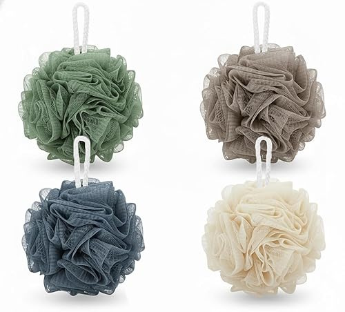 EVOKK Shower Puff Loofah Set of 4 Soft & Exfoliating Bath Sponges for Adults | Bath Scrunchie | Mesh Bath Sponge for Luxurious Cleanse and Skin Care (Grey, Sea Green, Cream, Light Brown)