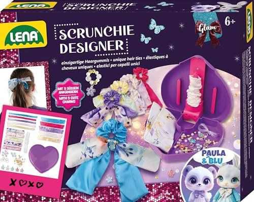 Lena Bastelset Glam Scrunchies Designer - Kreativ Set für Mädchen mit Textil, Gummiband, 5 Charms, Herz-Aufbewahrungsbox & Nähmaterial, Geschenk Set für Kinder ab 6 Jahren