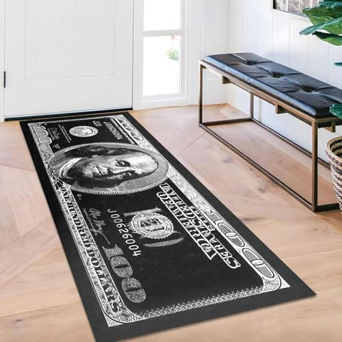 DVKKHD 100 Dollar Bill Runner Rug for Hallway Black and White Area Rug for Bedroom Modern Non Skid Money Rug Cool Indoor Washable Rugs for Bathroom and Kitchen Laundry Room Living Room Carpet 18x44