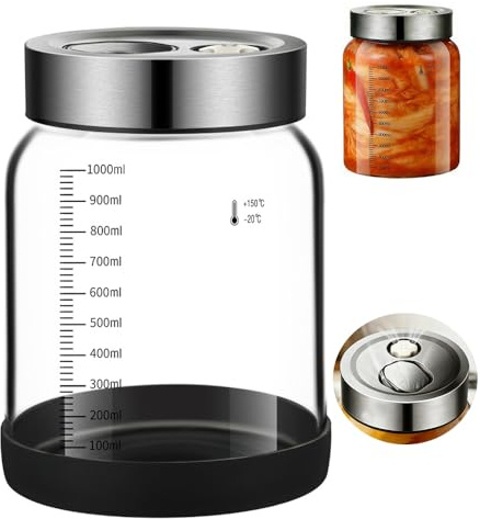 AXVRAV fermenteringsglas med lock och skala, 1 l frostat glas konserveringsburk lämplig för avkokning, glas fermenteringsglas med ventilationsventil, fermenteringsglas för gurka, surkål