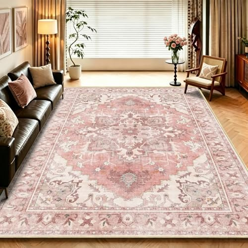 WUTONG Vintage Rosa Teppich Wohnzimmer 140x200 cm,Orientalischer Teppich Waschbar rutschfest Kurzflor,Ideal für Ankleidezimmer und Home Office,Retro Design