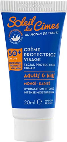SOLEIL DES CIMES | Crème Solaire Protectrice Visage SPF50+ Adulte et Enfant - pour Ski, Sports d'Hiver et Montagne - Monoï de Tahiti et Karité - Haute Protection et hydratation - Format voyage 20 ml