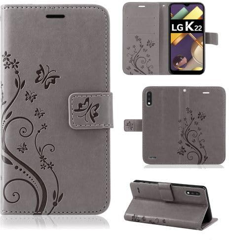 betterfon Hülle Kompatibel mit LG K22 | Premium PU Leder Handyhülle Wallet Case für K22 | Schutzhülle Blumen Klapphülle Handyhülle | Grau